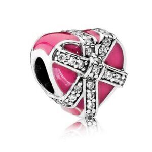 Pandora Gift of Love Pink Heart Charm – Sterling Silver CZ Bow & Enamel w/box